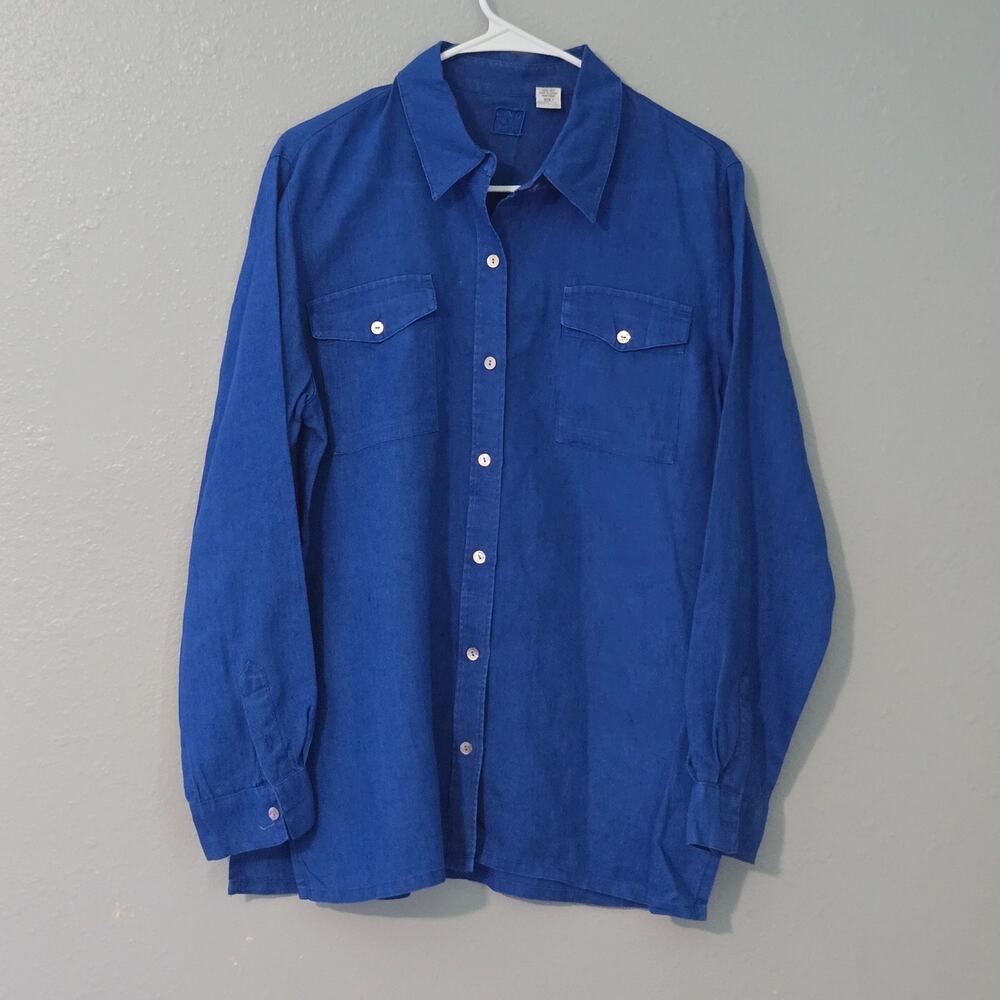 Chico's 100% Linen Button Up Long Sleeve Royal Blue Size 1 Medium Lino by Chico